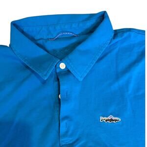 PATAGONIA Men's Trout Fitz Roy Polo Shirt LARGE Blue Organic Cotton